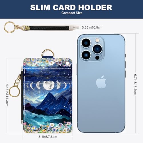 Image of Slim Wallet Credit Card Holder, Mountains and the Moon, RFID Wallet Women Cute Small Front Pocket Wallet With Zipper, PU Leather Thin travel RFID Blocking Card Case ID Window ,Ladies Gifts