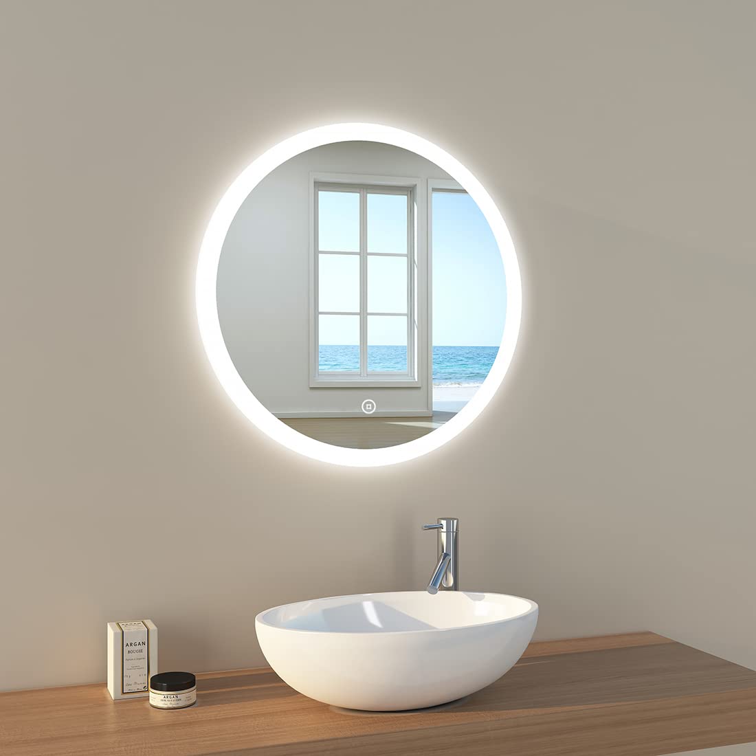 EMKE Espejo de Baño con Luz 60 cm Diámetro, Espejo Baño LED Redondo con Interruptor tactil + Regulable + 3 Colores + Función de Memoria, Espejo Pared Modelo A