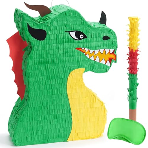 WERNNSAI Dragon Pinata - Décorations de Fête Dragon Ensemble Vert Pinata svec Bandeau et Bâton Fournitures de Fête Dinosaures Jeu De Fête D'Anniversaire...