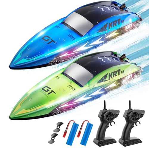 2Pack Remote Control RC Boat for Adults Kids Ages 8-12 Pool Lakes Bathtub Toy with 8 LED Light Modes,Whole Body Waterproof,Low Battery/Out of Range Alarm,2.4Ghz,15Kmh,Rechargeable Battery,Auto Paring