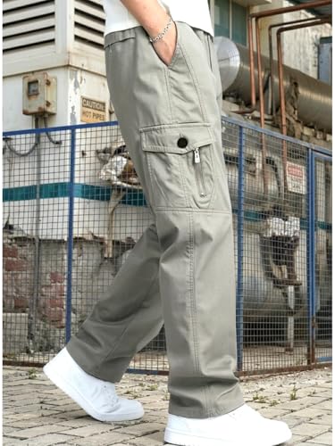 Image of Men's Cargo Pants-100% Premium Cotton Tapered Fit Lightweight Breathable Multi-Pocket Drawstring Utility Casual Trousers