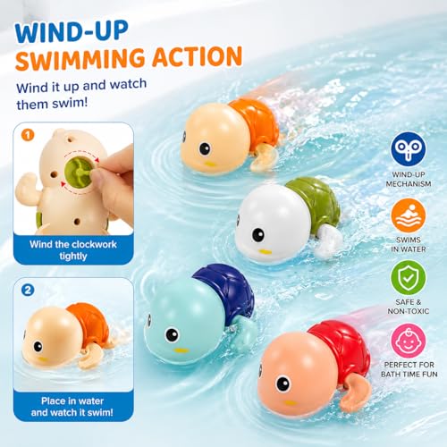 Image of PLUSPOINT Bath Toys for Toddlers | 4 Pack Swimming Turtle Bath Toys | Wind Up Floating Water Toys for Babies & Kids | Bathtub, Pool & Water Play Toys for Boys & Girls 1+ Years
