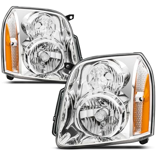 Reinko Headlights Assembly for 2007-2014 GMC Yukon SLE SLT Denali Yukon XL 1500 2500 Headlamp Assembly DENALI Style Chrome+Amber Halogen OE Replacement RK-HL-YK031