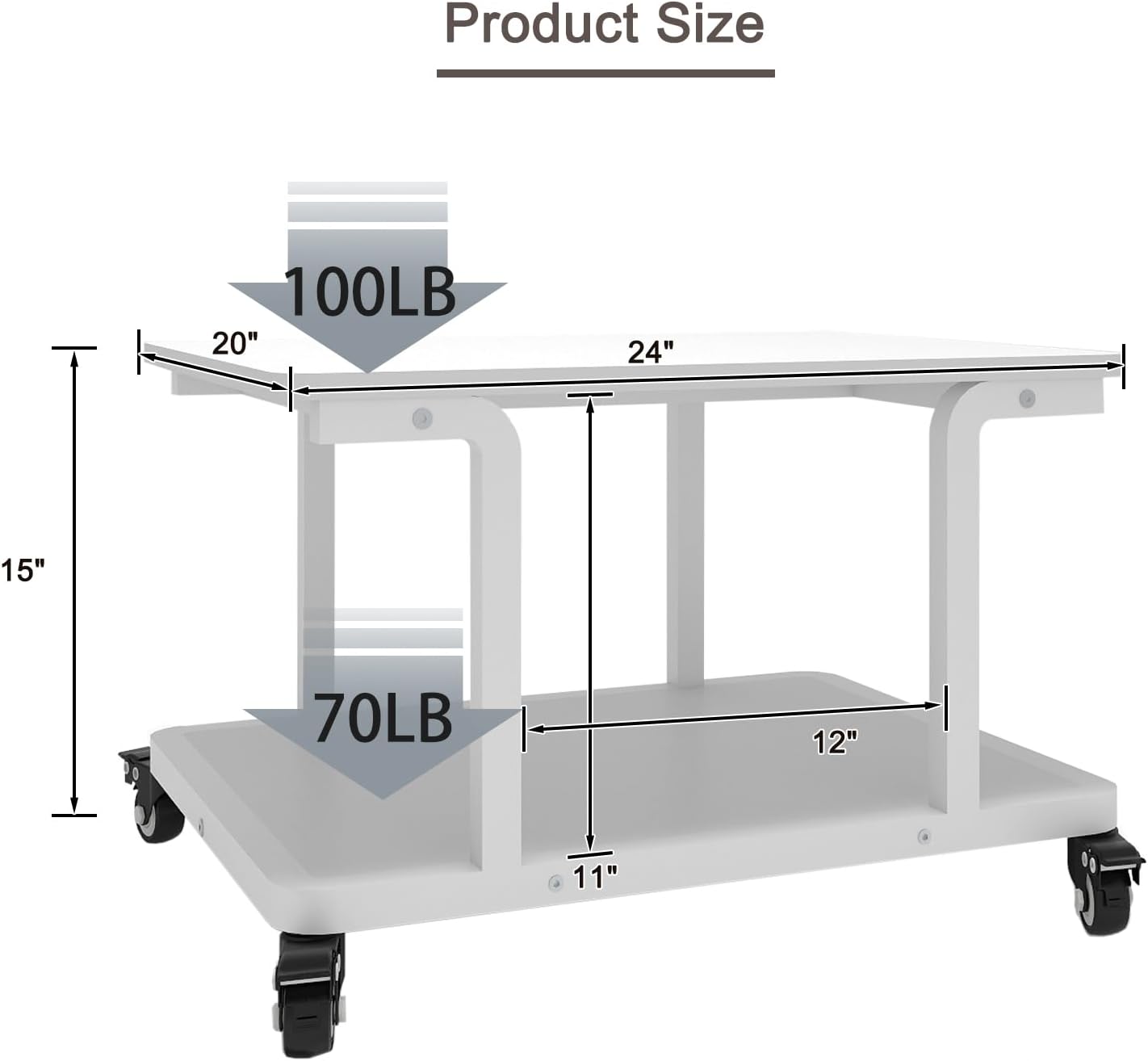 Natwind 2 Tier Laser Printer Stand,24''x20''x15'' Large Printer Table Copier Stand Under Desk,Heavy Duty Rolling Cart with Paper Storage Shelf,Printer Holder on Wheels for Home Office (White)
