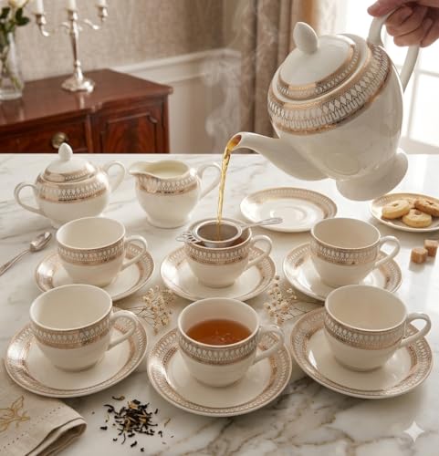 Image of DELIK 17 Piece Ceramic Tea Set | Luxury Teapot Set with Cups, Saucers, Sugar Pot & Milk Jug | Elegant High Tea Set for Home, Wedding & Gift