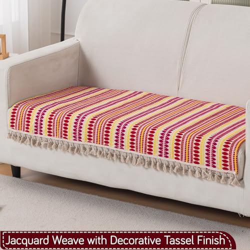 Image of HOKIPO 'Artisan Boho Series' Sofa Cover Mat with Tassel for 2 Seater Sofa | 450 GSM Thick Cotton Acrylic Jacquard Fabric, Ruby Red (IN-902-A6*S)