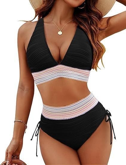 Bikini Taille Haute Deux Pièces pour Plage et Piscine avec Cordon Ajustable Coloré