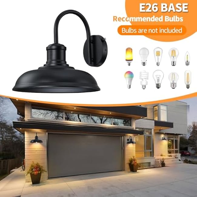 12'' Dusk to Dawn Outdoor Gooseneck Barn Light, 2-Pack Outdoor Wall Sconce Farmhouse Exterior Light Wall Lighting Fixture Industrial Black Wall Lantern for Porch, Entryway, Garage, Black