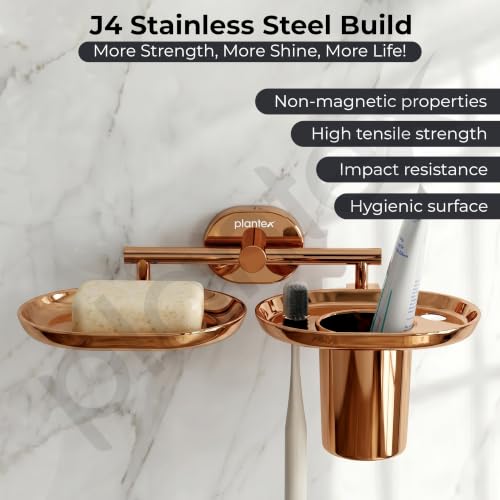 Image of Plantex J4 Stainless Steel Soap Dish with Tumbler Holder /Soap and Brush Holder for Bathrooom /2 in 1 Soap Holder with Toothbrush Holder /Bathroom Accessories (PVD Rose Gold Finish) Onix