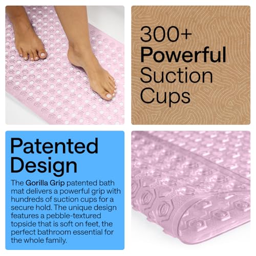 Image of GORILLA GRIP Patented Bath Tub Shower Mat, Machine Washable Bathtub Floor Liner Mats, Suction Cups and Drain Holes to Keep Tubs Clean, Soft on Feet, Bathroom Essentials, 35x16 Inch, Clear Light Pink