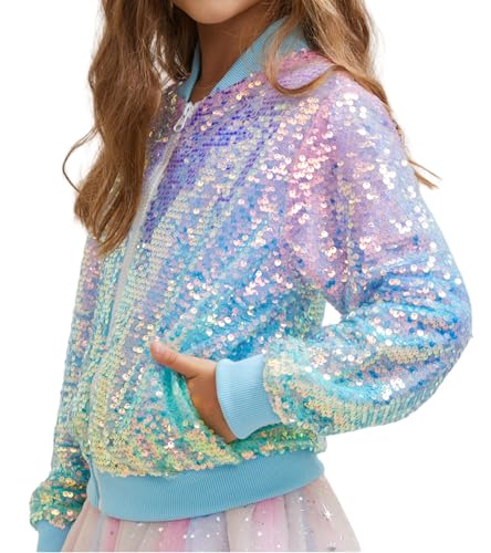 Girls Sequin Bomber Jacket Sparkly Bomber Outfit Long Sleeve Zipper Bright Colors 5-12T
