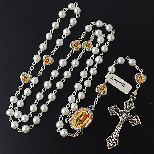 HanlinCC Glass Pearl Beads Our Lady of Guadalupe Epoxy Heart Metal Beads Rosary Necklace Pack in Velvet Bag with Pray Card4
