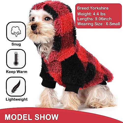 Plaid Dog Sweater For Small Dogs Girl Boy Winter Hoodies With Hooded Sweatshirt Warm Fluffy Clothes For Cold Weather Holiday Christmas (X-Small, Red) #TOP3