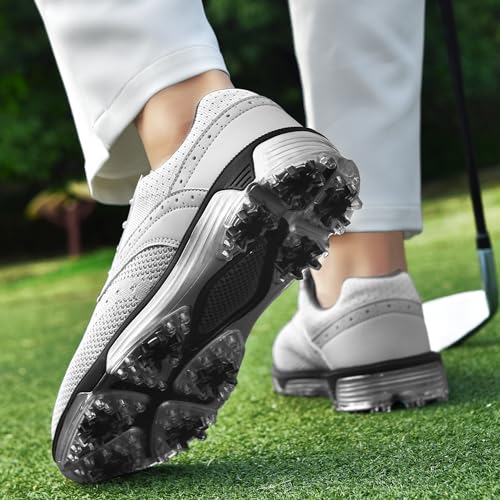 MoThaF Men's Golf Shoes Non-Slip Water-Resistant Professional Lightweight Men Spikes Golf Sneakers Male Outdoor Grey, 8.5