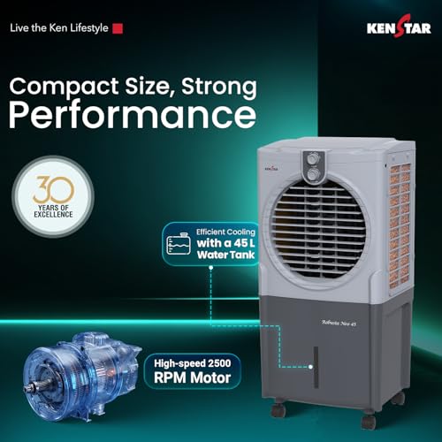 Image of Kenstar Robusta Neo 45 Air Cooler|45L Tank | Honeycomb Cooling Pads|35 inch Air Throw|100W|3 Speed Control |Water Level Indicator I 5-Star BEE Rating|5-Star Warranty on Pump & Motor|Light Grey & Dark Grey