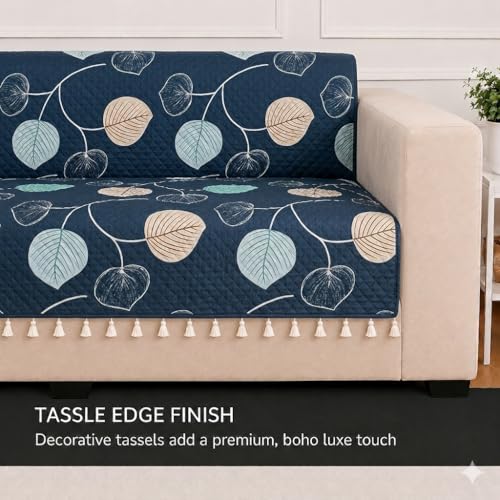 Image of STITCHNEST 'Frostvine Collection' 2 Seater Sofa Cover - Full Coverage| Cotton Quilted Fabric, Decorative Tassels, Washable & Durable for Modern Living