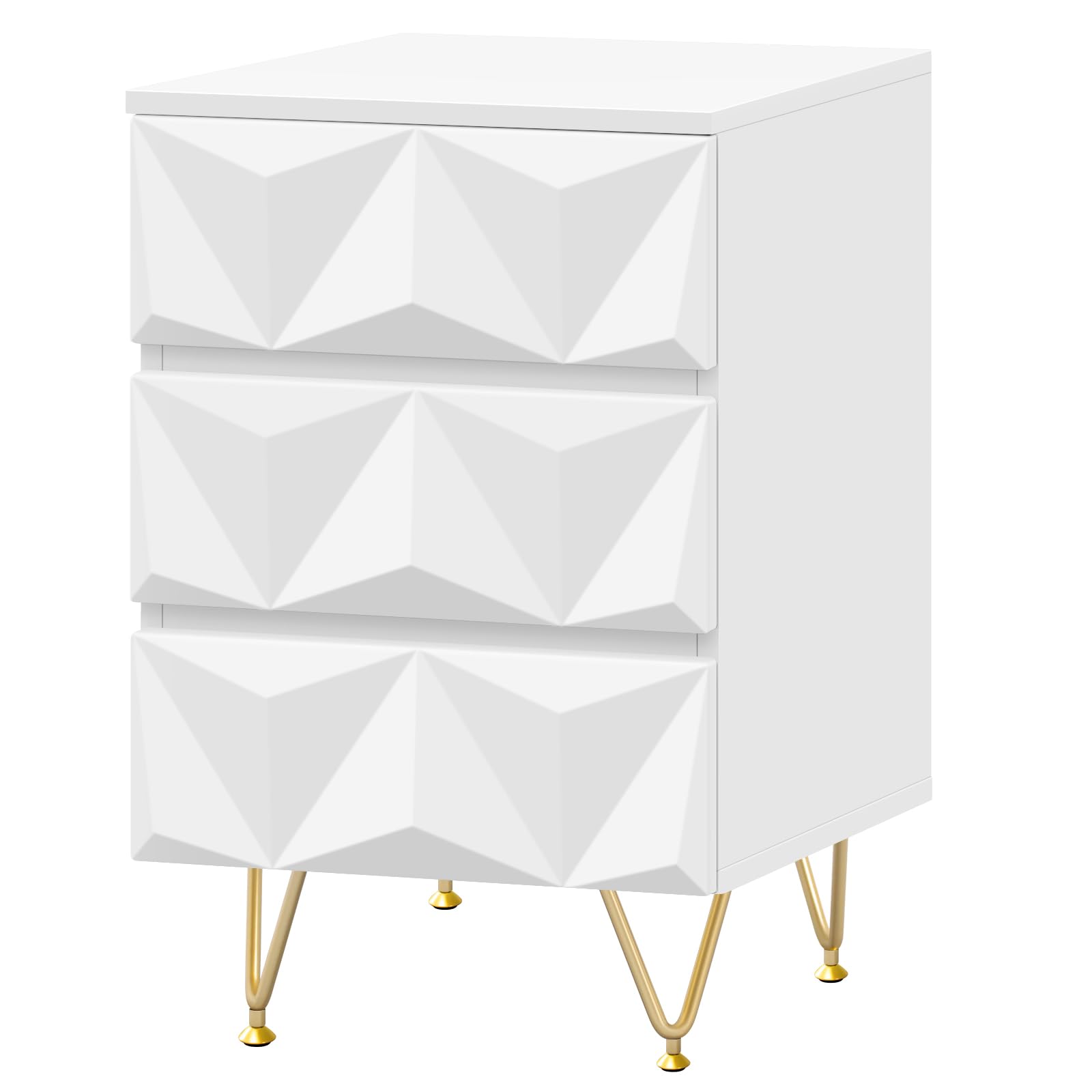 EUGAD Stolik nocny z 3 szufladami z efektem 3D, stolik pomocniczy, szafka nocna, 40 x 62,5 x 40 cm, do łóżka kontynentalnego, sypialni, salonu, dekoracyjny, biały + złoty, 0004CTG