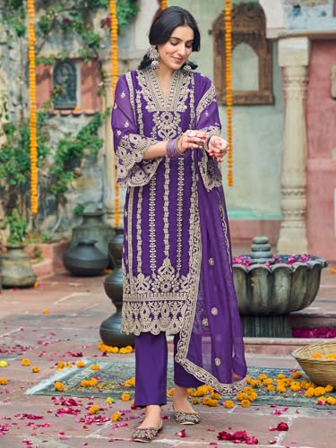 Image of INDO ERA Women's Organza Embroidered Straight Kurta and Pant with Dupatta Set (IEOUT10610)