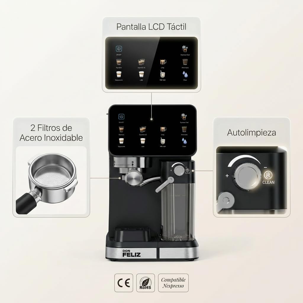 Don Feliz Cafetera Espresso Semiautomática 20 Bar 1350W con Pantalla LCD, Depósito de Leche 500ml, Depósito de Agua 1.5L, Compatible con Nespresso, Cappuccino, Americano, Autolimpieza