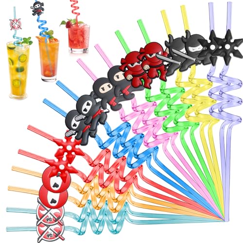 Lot de 16 pailles de décoration d'anniversaire ninja - En PVC souple - En plastique souple - Pour enfants - Réutilisables - Colorées - Cadeau pour anniversaire d'enfant - Fête à thème ninja
