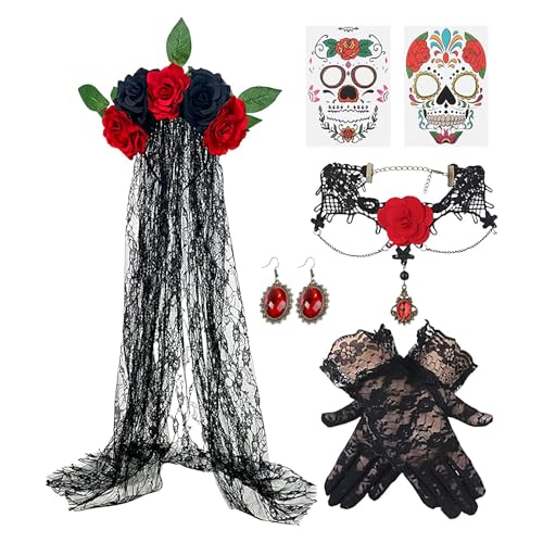 Générique Ensemble Costume Jour Des Morts | Ensemble Gants Dentelle Fête des Morts - Gants Dentelle Voile Boucles Doreille Collier Pour Cosplay Soirée Déguisée Femme Adulte Halloween Festif