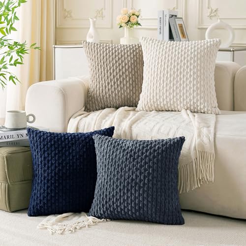 Set of 4 Navy White Taupe Decorative Throw Pillow Covers 16x16 Inch Corduroy Pillow Covers for Bed Couch Sofa Living Room Soft Square Cushion Cases