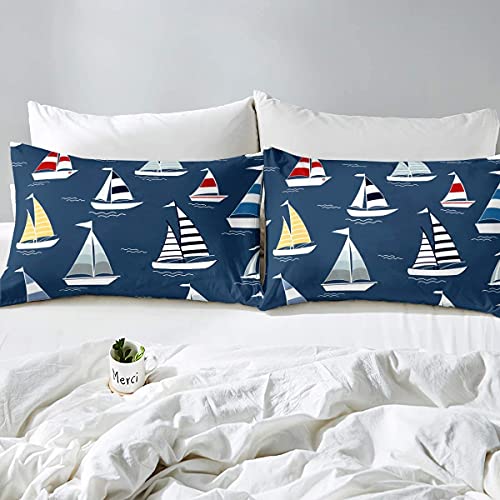Sailboat Duvet Cover Nautical Decor Bedding Set Adventure At Sea Bedclothes Double Kids Boys Girls Teens Summer Vacation Bedroom Decor Ocean Marine Themed Bedclothes 3Pcs - Image 2