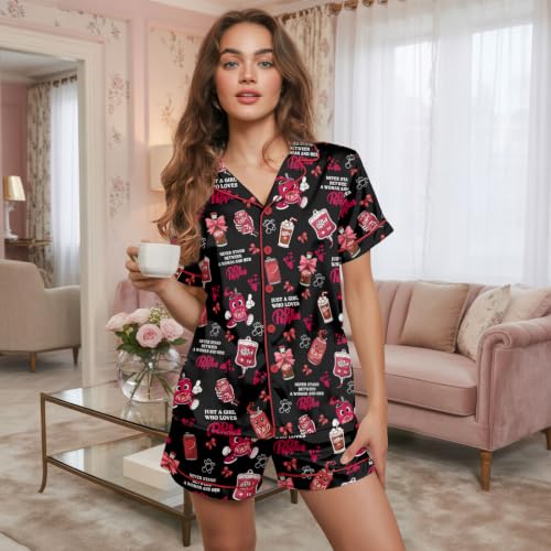 Image of Women's Satin Pajamas Set, Short-Sleeve Button Down Loungewear