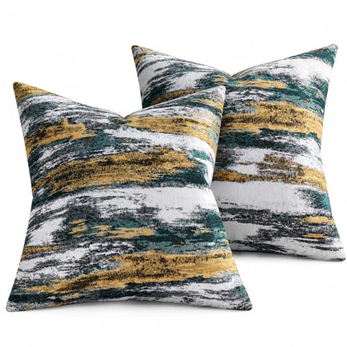HOSTECCO Abstract Jacquard Throw Pillow Covers 18x18 Teal Gold Set 2