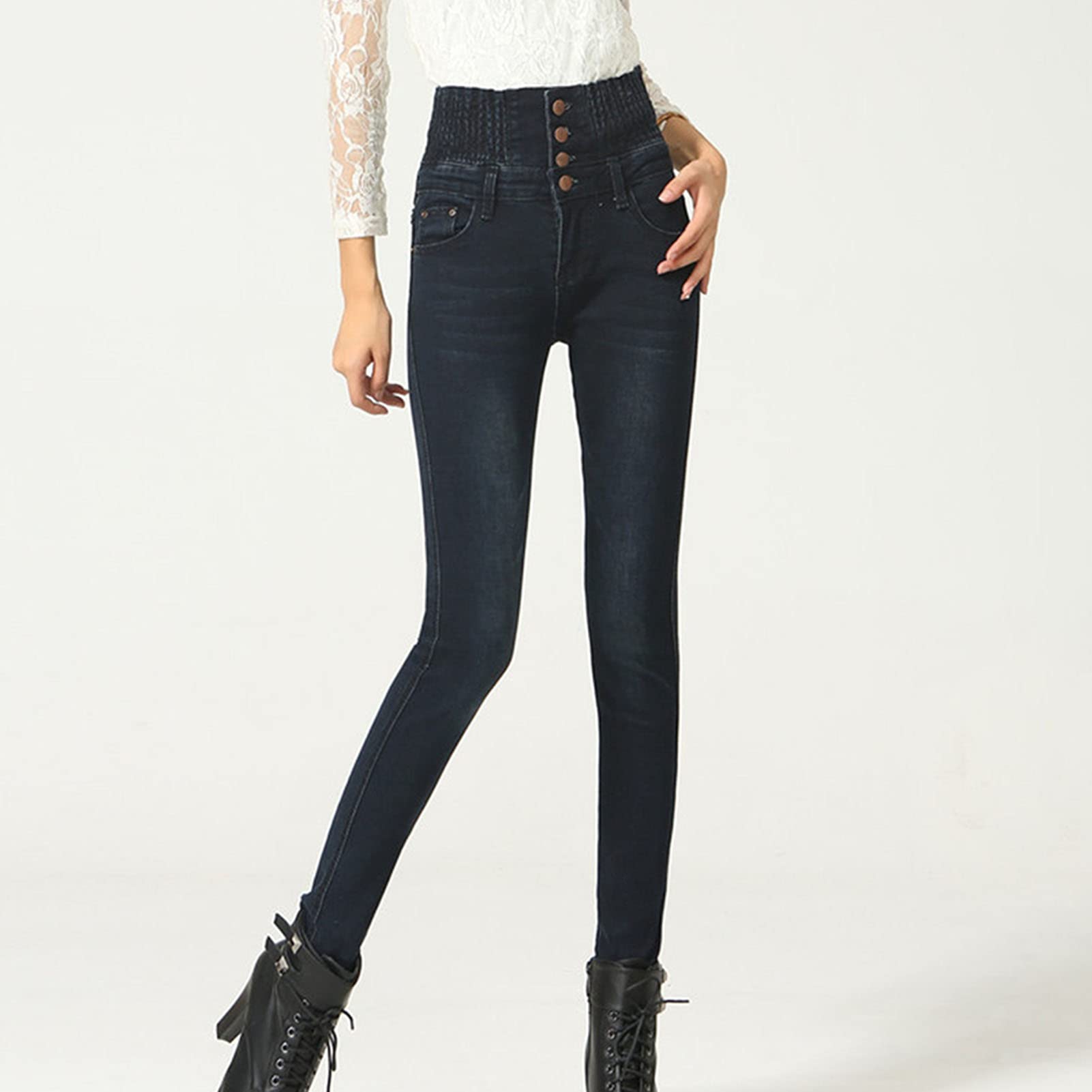 Maiyifu-GJ Women's High Waisted Buttons Skinny Jeans Juniors Tummy Control Slim Fit Denim Pants Slim Fit Elastic Waist Jean (Black,31)