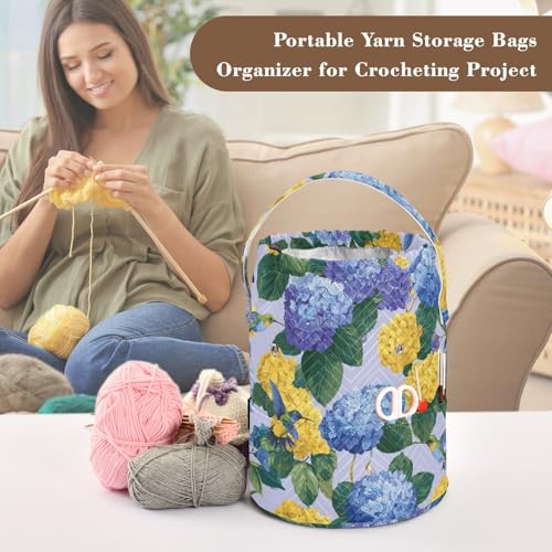 Image of ElliTarr Crochet Bag Yarn Bag with Handle Portable Knitting Project Bag Travel Yarn Storage Organizer Holder Case Blue Hydrangeas Hummingbirds
