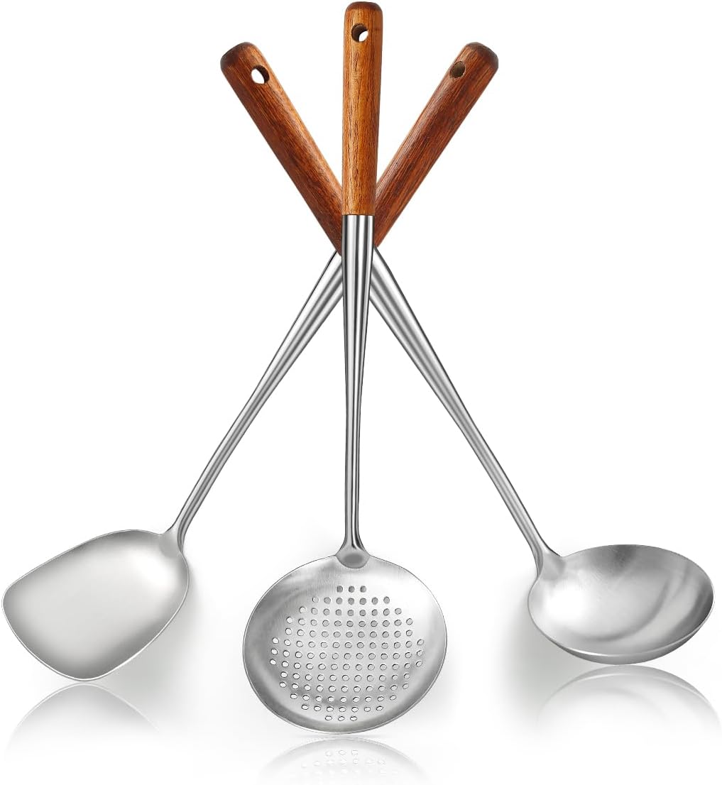 Evanda Wok Spatula Set 17″, Heat Resistant Wood Handle Stainless Steel Wok Tools, Ladle, Metal Spatula, Kitchen Skimmer, Professional Kitchen Cooking Utensils Set, Wok Accessories Dishwasher Safe Evanda Wok Spatula Set 17″, Heat Resistant Wood Handle Stainless Steel Wok Tools, Ladle, Metal Spatula, Kitchen Skimmer, Professional Kitchen Cooking Utensils Set, Wok Accessories Dishwasher Safe