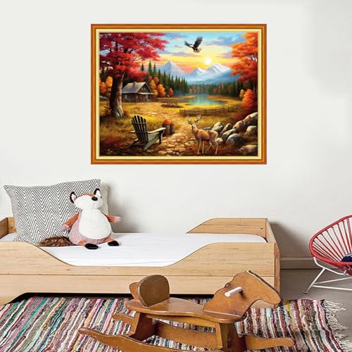 Image of Foxdiviy Stamped Cross Stitch Kits for Beginners Full Range of Cross Stitching 11 CT Printed Cross Stitch Kits for Adults Cross Stitch Patterns Needlepoint Kits-Autumn Scenery 16x20 inch