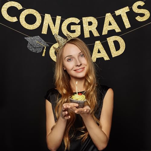 Image of Congrats Grad Banner Gold Glitter Pre-Strung Congrats Grad Sign - 8ft -No DIY - Graduation Party Decorations for Class of 2026 Graduation Decorations