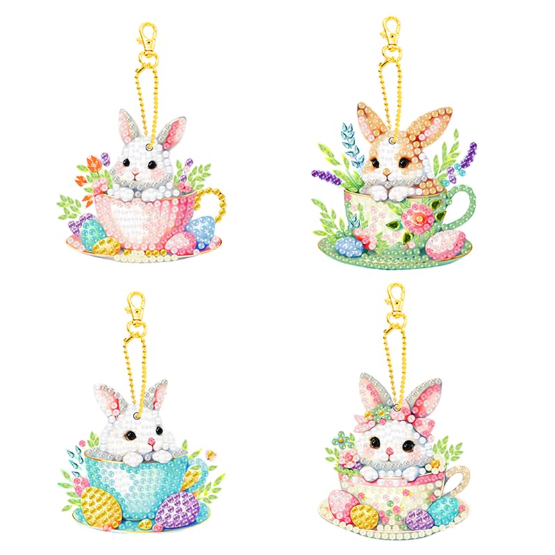 4個 ダイヤモンドアートキーホルダーキット DIY 手作り絵画クラフトキット 5D モザイクアート ダイヤモンドペインティング 特殊な形状のダイヤモンドキーチェーンアクセサリー バッグアクセサリー（かわいいウサギのダイヤ画キーホルダー）