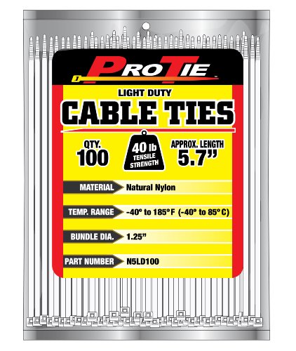 Pro Tie Light Duty, Self-Locking Nylon Cable Wire Ties for Indoor and Outdoor Use | 5.7-Inch, 40 lbs. Tensile Strength, Natural Nylon, 100-Pack (PN: N5LD100)