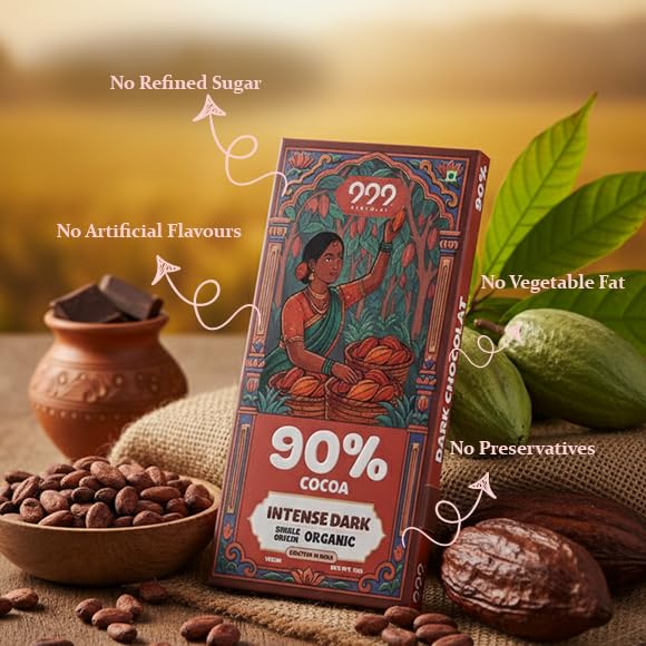Image of 999 Chocolat Organic Dark Chocolate Combo (Pack of 2) | 60% Semi Bitter with Nuts & Raisins + 90% Intense Dark | Vegan | Bean-to-Bar | Organic | No Refined Sugar | Keto & Gluten-Free | Healthy Chocolate Gift | Made in India (2x70g)
