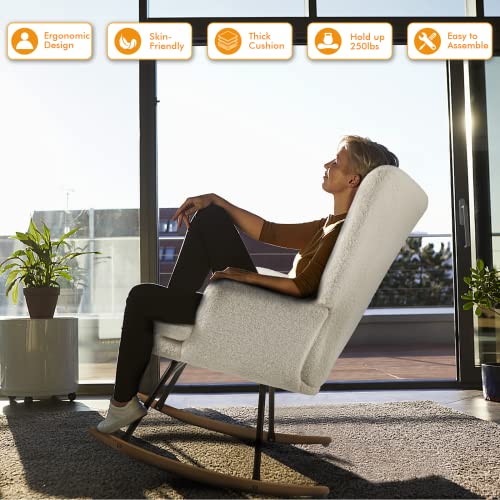 Waleaf Rocking Chair Nursery Teddy Upholstered Glider Rocker Rocking Accent Chair Padded Seat With High Backrest Armchair Bedroom Chair (White) #TOP2