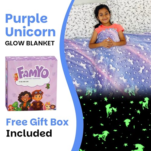 Image of Famyo Unicorn Glow Blanket for Gifting for Kids | Birthday Gift for 0-15 yrs | AC Blanket for Children | Return Gifts, Party Favour | Perfect for Gifting for Niece /Nephew /Son /Daughter (Purple)