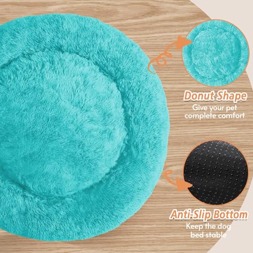 Image of JOLLYVOGUE Calming Dog Bed for Small Dogs - 23 inches Donut Washable Small Dog Bed for Kittens & Puppies, Anti-Slip Round Fluffy Plush Faux Fur Cat Beds (Fits up to 25 lbs Pets, Aqua Blue)