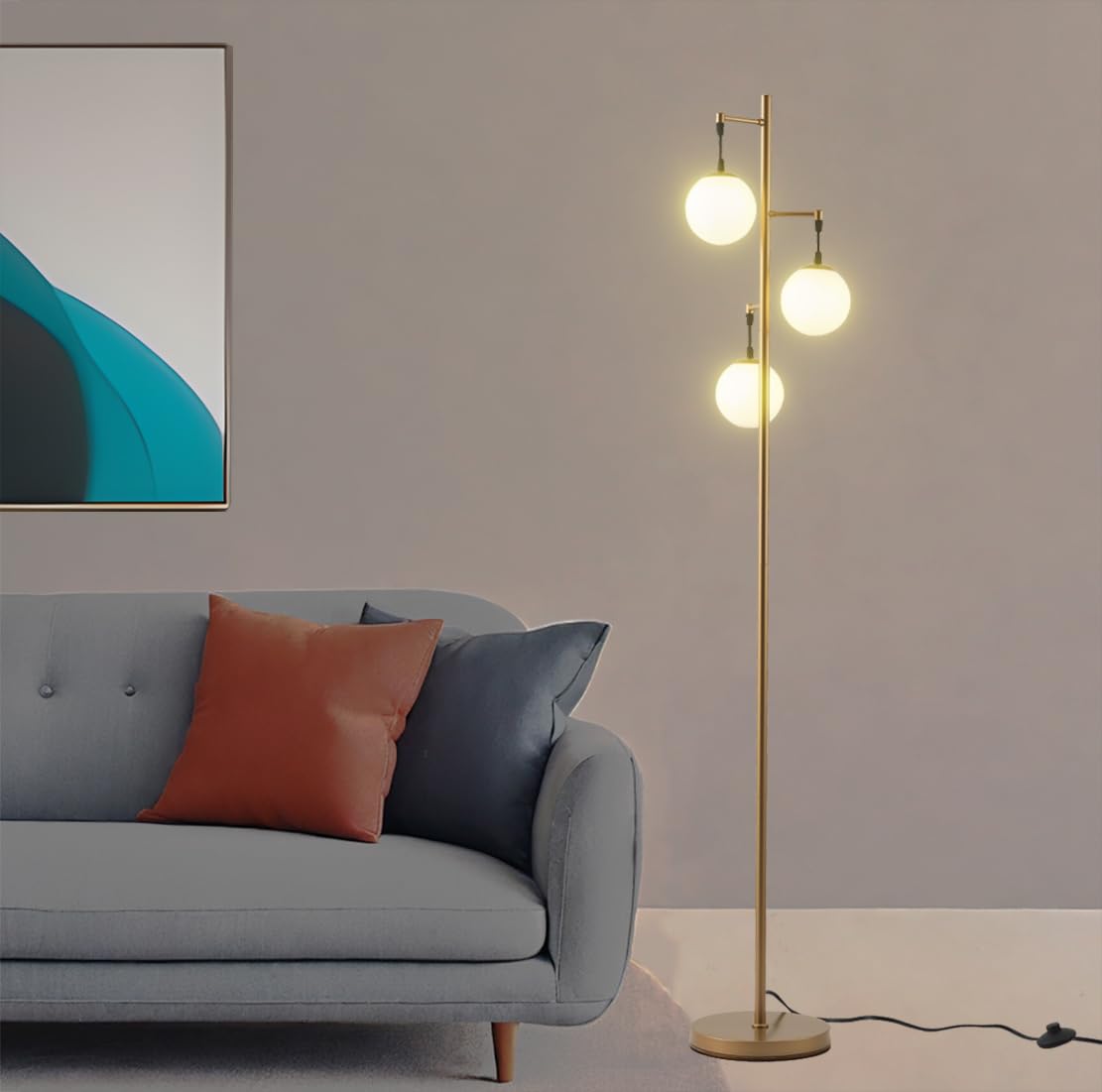Fiqevs Modern Gold Globe Floor Lamp with 3 Frosted Orb Glass Shade and ...