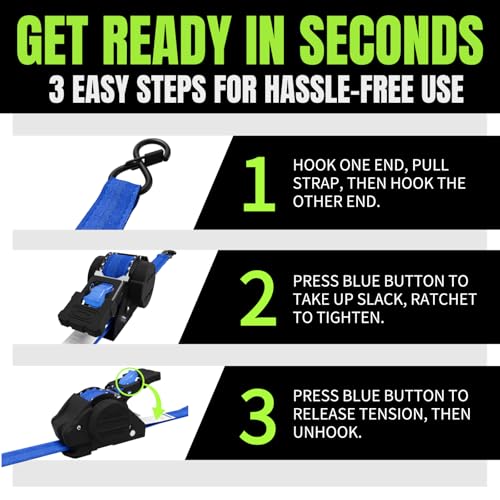 Image of Retractable Ratchet Straps, 4-Pack, 1 Inch x 12 Feet Heavy Duty Tie Downs, 1760lb Break Strength, Self Retracting for Truck, Cargo, Trailer, Motorcycle, ATV, UTV (Blue, 4pack)