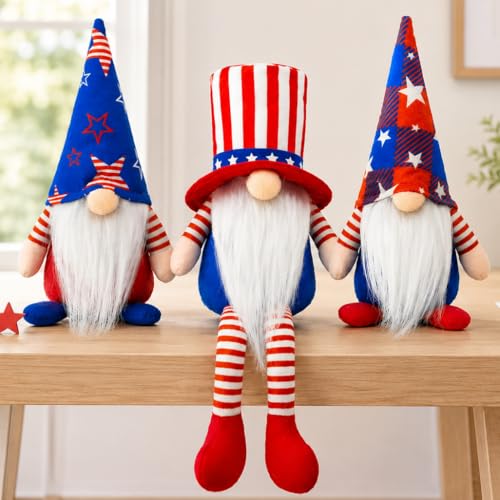KnomeKo 4th of July Gnomes 3Pcs 250th Anniversary Patriotic Red White and Blue Decorations Memorial Day Americana Farmhouse Table Tiered Tray Shelf Decor