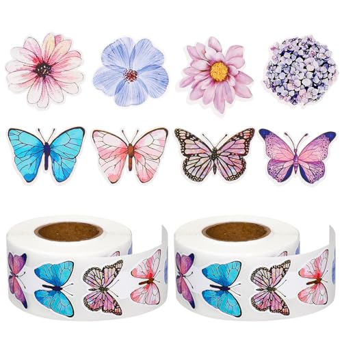 Dimeho - Dimeho 1000 Pcs Assorted Butterfly Flower Stickers Rolls Colorful Spring Floral Paper Butterfly Decals Cute Self-Adhesive Decorative Sticker for Scrapbooks Envelopes Party Supply Decoration - -4%