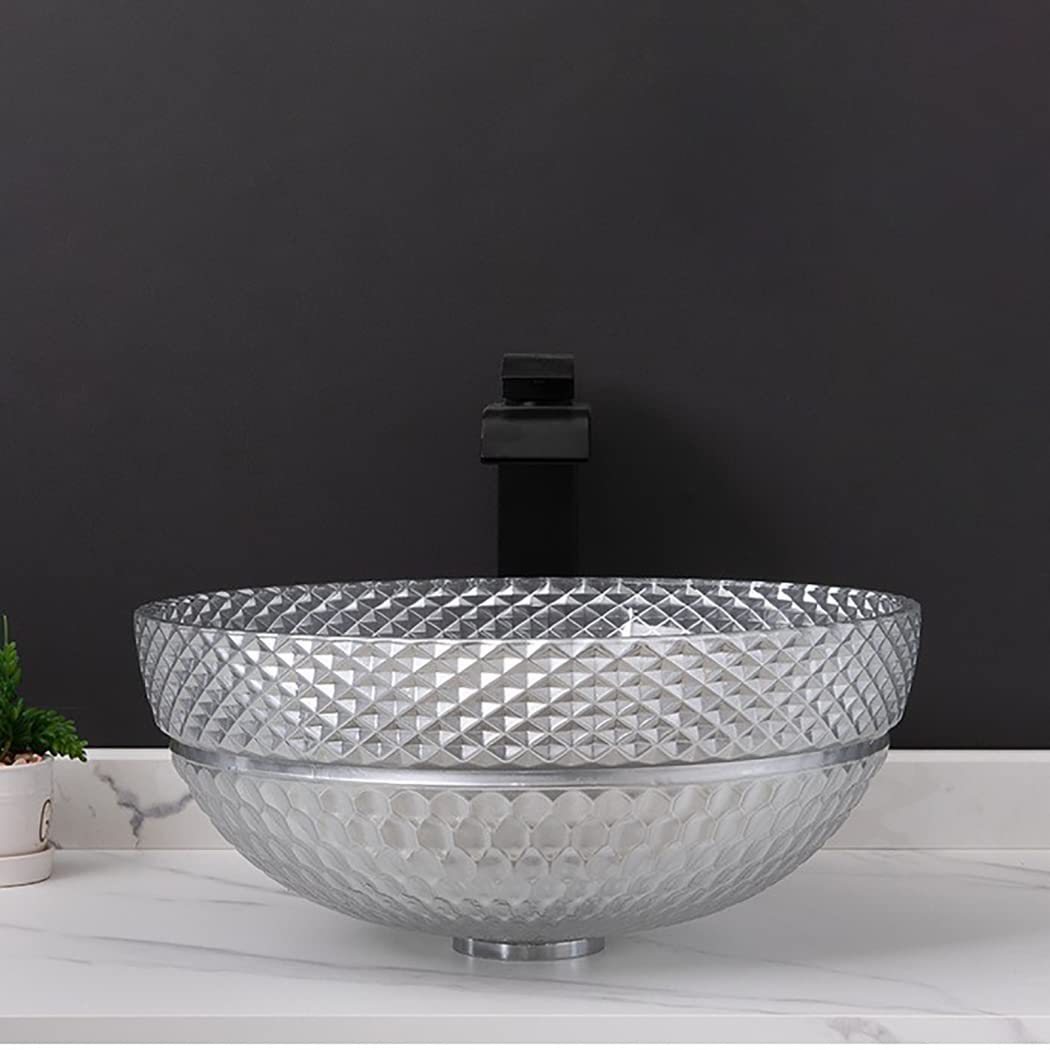 Lavabo de Recipiente Lavabo de baño de Vidrio Templado Lavabo de baño sobre encimera Lavabo de baño Forma de tazón Lavabo de tocador de baño Tapas con combinación de Drenaje, Gris, Solo Lavabo