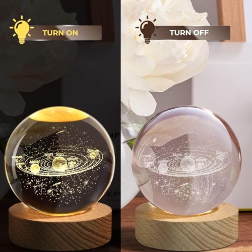 Image of 3D Solar Planet Crystal Ball LED Night Lamp, Creative Engraved Night Light Wooden Base, Warm White Decorative Table Lamp for Home, Office, Bedroom, Birthday Gift (Solar Planet)