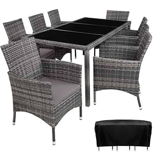 TecTake 800798 Salon de Jardin Extérieur en Résine Tressée Poly Rotin 8 Places Fauteuils Table Housse de Protection – Diverses Couleurs (Gris tacheté/Gris)