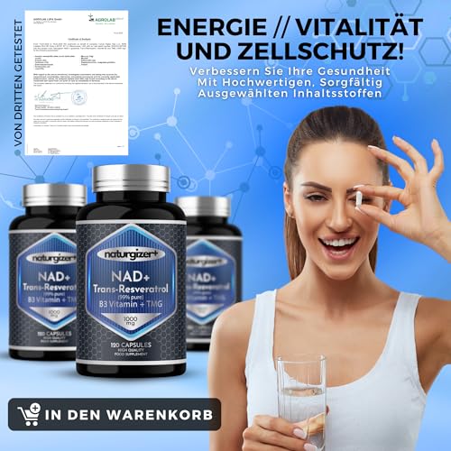 NAD, Resveratrol, Niacinamide, TMG 1000mg (120 Kapseln). Unser NAD+ oder NAD plus verbessert NMN, NMN kapseln, nadh. -Starke Anti-Aging- und Revitalisierungsformel. Naturgizer+