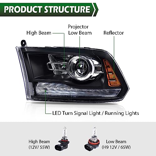 Image of GRAND ORANGE LED Bar Plank Style Headlights Assembly Compatible with 2013-2018 Dodge Ram 1500 2500 3500 FACTORY PROJECTOR 9 PIN MODEL Clear Lens Black Housing Amber Reflector