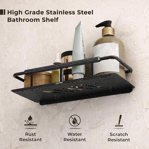 Image of Plantex Self Adhesive Bathroom Shelf /Stainless Steel Bathroom Shelf Rack /Wall Shelf for Bathroom /Bathroom Organiser Without Drill /Bathroom Accessories Set- Pack of 1 (12x5 inches, Black)
